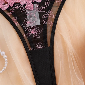 Sexy black mesh bra set with pink floral embroidery and breathable lace fabric