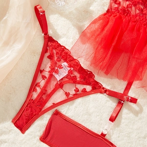 Set lingerie in pizzo rosso con ricamo a cuore e gonna in mesh trasparente sexy