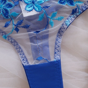 Royal blue lace lingerie set with floral embroidery and white mesh fabric detail