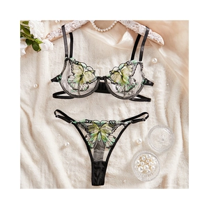 Two-piece black mesh lingerie set with green butterfly embroidery and underwire bra