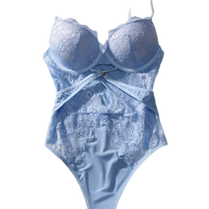 Light blue floral lace bodysuit for women with underwire cups and cutout details