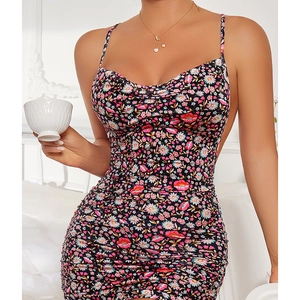 Slim fit floral backless mini dress with double shoulder straps and ruched detailing