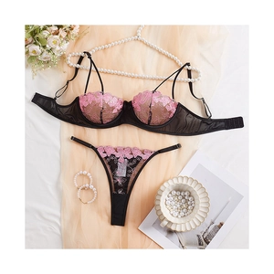 Lace bra set with pink floral embroidery and black mesh for women in 1/2 cup style
