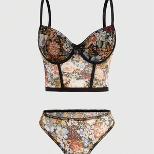 Ensemble bustier en tulle floral avec armatures et culotte assortie pour femme