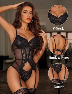 Detail view of black lace lingerie set with V-neck, hook-and-eye closure and garters