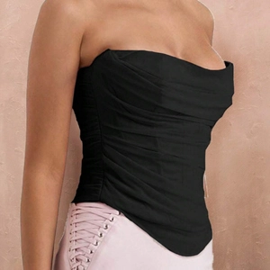 Sexy black strapless corset top with ruched detailing and slim fit for women