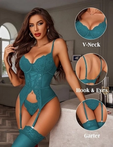 Lace lingerie set detail showing V-neck, hook eyes, and adjustable garter straps