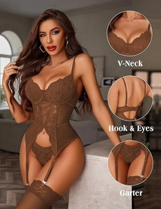 Detail view of brown floral lace bodysuit with V-neckline and adjustable garter straps