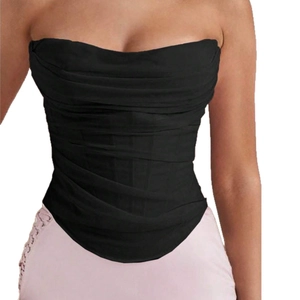 Sultry black corset crop top with mesh ruching and supportive boning structure