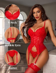 Lingerie set detail showing V-neck lace corset, hook and eye closure, and garter straps
