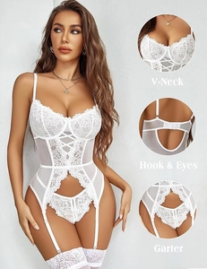 Detailed views of white lace bodysuit with V-neckline, back hook closure, and garters