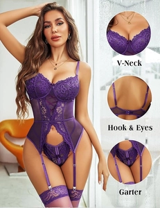 Detailed views of purple lace lingerie set featuring V-neckline and garter belt strap