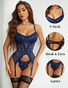 Detail of dark blue lace lingerie set featuring V-neck design and adjustable garter straps