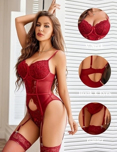 Detailed view of dark red lace teddy with hook-and-eye closure and garter belt set