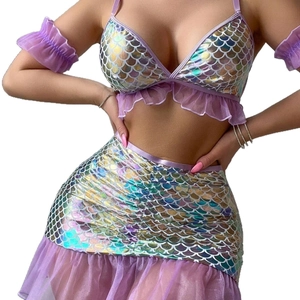 Iridescent mermaid scale pattern five-piece lingerie set with mesh trim and sleeves