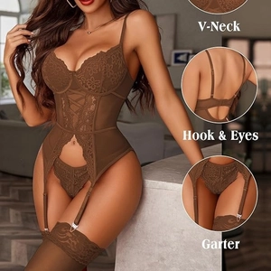 Brown lace lingerie set with V-neck, garter belt, and sheer floral mesh details