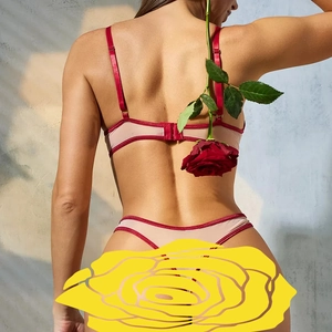 Rear view of elegant beige and burgundy lace lingerie set with adjustable straps