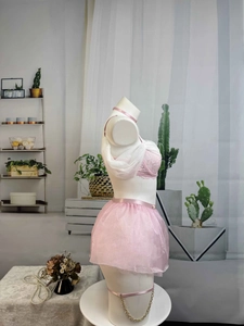 Close-up of pink floral lace lingerie set with mesh skirt and satin choker on a mannequin