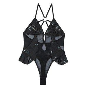 Sexy black lace bodysuit with deep V-neck, halter design, and shimmering sequins