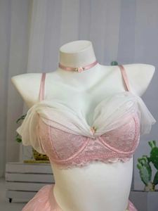Detailed view of pink lace lingerie bra with white mesh floral trim and ribbon