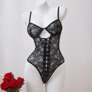 Body Sexy en Dentelle Noire pour Femmes Maille en Nid d'Abeille Armatures Lingerie Lacet Devant Teddy Bodysuit Sous-vêtement