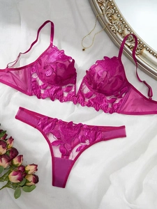 Exquisite close-up of rose red lace embroidery and mesh details on thin deep V bra set