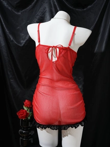 Macro shot of red translucent mesh nightgown with black pleated lace and back tie design