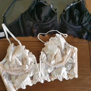 Detailed view of sheer mesh bras with leaf lace embroidery in black and beige tones