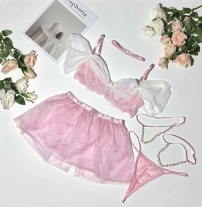 Flat lay of pink mesh lingerie set with floral lace and sparkling skirt details