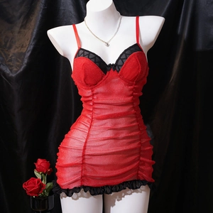 Women Sexy Red Ruched Mesh Nightgown With Black Lace Trim Glitter Spaghetti Strap Sleeveless Slim Fit Lingerie Sleepwear