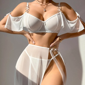 Sexy Mesh Lingerie Bra Panties And High Slit Skirt With Metal Ring Rose Leopard Print Vacation Three-Piece Clothes For Women