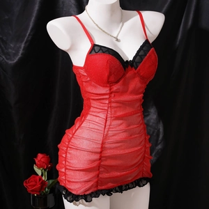 Sexy red glitter nightgown with black lace trim and ruched design for women