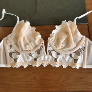 Detailed view of beige lace bra featuring floral embroidery and breathable mesh cups
