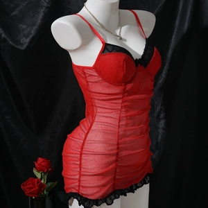 Sexy red mesh nightgown with black lace trim and pleated glitter fabric for women