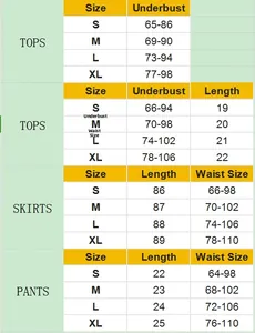 Size guide for 4-piece lace lingerie set including tops, skirts, and pants measurements