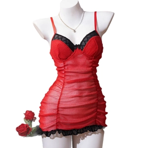 Sexy red ruched mini nightgown with black lace trim and sparkling metallic finish