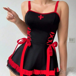 Sexy black nurse cosplay lingerie set with red trim and lace-up waist detail for women