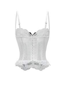 Detailed back view of white lace corset top featuring hook-and-eye closure and mesh panels