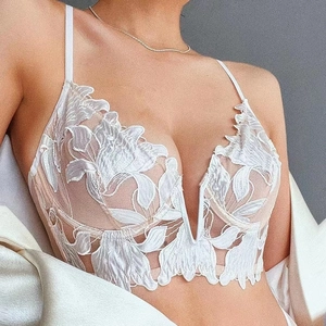 Sexy deep V-neck white floral lace embroidery sheer bra with thin straps for women