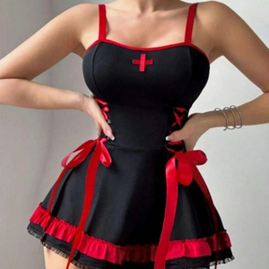 Sexy Nurse Costume Roleplay Uniform For Women Black Red Lingerie Top And Thong With Cross Detail Lace Hem Party Wear