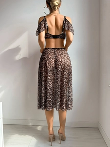 Detail of leopard print mesh lingerie set featuring ruffled sleeves and backless top