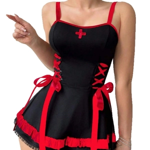 Sexy black nurse cosplay lingerie set with red cross embroidery and ribbon lace-up detail