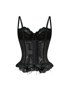 Detail of black lace corset top with polka dot mesh and adjustable hook-and-eye back closure