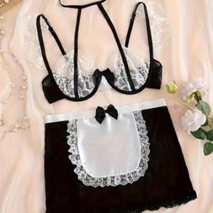 Set lingerie cosplay cameriera con reggiseno in pizzo e gonna a grembiule