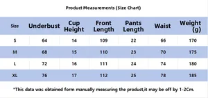 Detailed product size chart including measurements for underbust, cup height, and waist