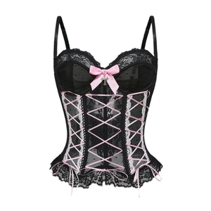 Gothic Lace Corset Tank Top With Bow Cross Ribbon Detail And Metal Cross Pendant Sweet Adjustable Strap Body Shaper Cami
