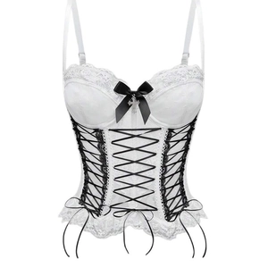 Gothic style black and white lace corset tank top with metal cross and bow detail