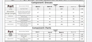 Size chart showing dress length and waist measurements for heart embroidery lingerie set