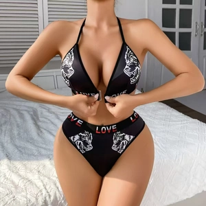 Ensemble lingerie bikini noir sexy avec imprimé animal et bretelles LOVE rouges