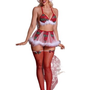 Completo intimo natalizio 3 pezzi con top scozzese, gonna in rete e calze a rete
